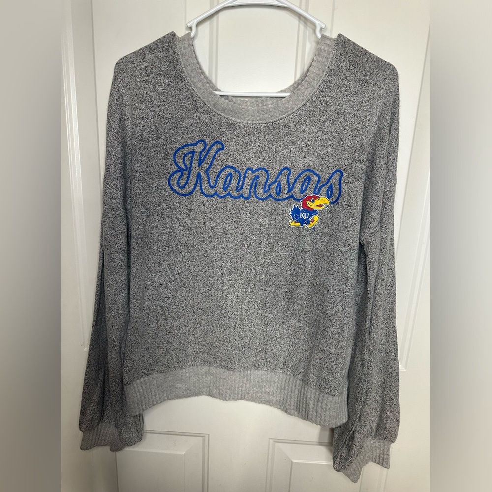 Super Soft Concepts Sport Kansas Jayhawks Grey Script Crewneck Sweatshirt